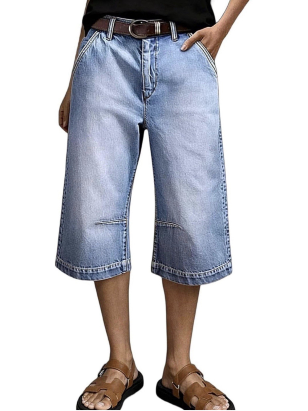 Flamingals High Rise Wide Leg Capri Jeans for Women Wash Stitch Detail Stretchy